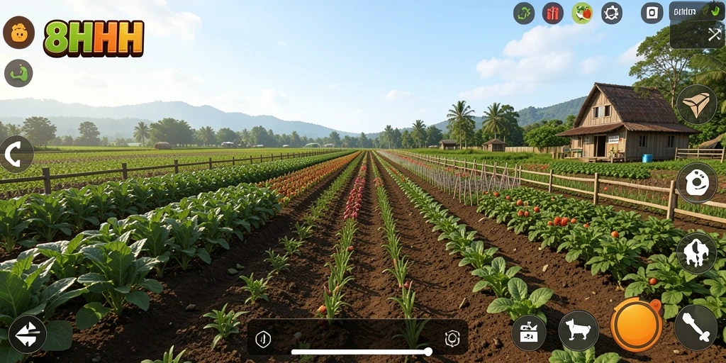 Tampilan gameplay 8HHH yang menarik dan penuh warna dengan ladang yang subur.
