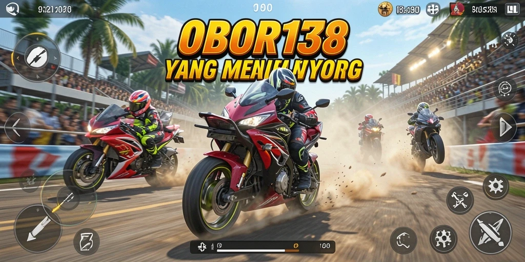 Screenshot utama OBOR138 menampilkan adegan balapan motor yang penuh aksi.